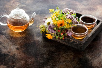 Herbal tea, fresh medical herbs and flowers. Phytotherapy